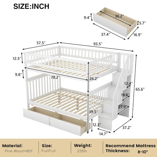 Full Wood Bunk Bed With Drawers Stairs Shelves
