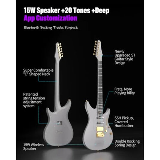 Smart electric guitar for live performance and practice, carbon fiber body in black with built-in 15W speaker, 20 tones, app co