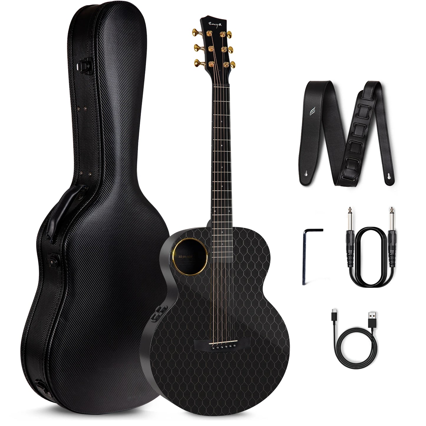 Enya Carbon Fiber Acoustic Electric Guitar with Hard Case, Leather Strap, USB Type-C Cable and Instrument, X4 Pro