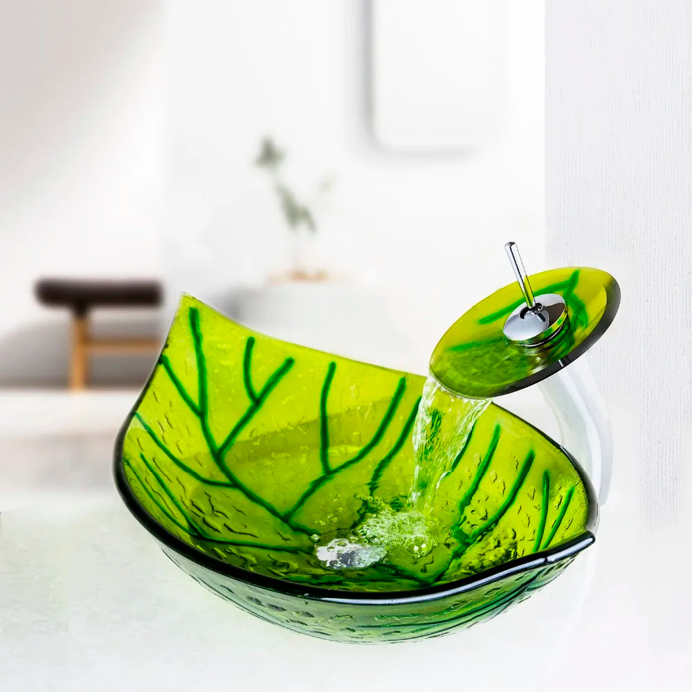 Art Bathroom Basin Faucet Sets Leaf Tempered Glass