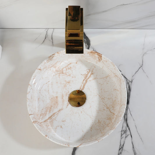 White Marbling Bathroom Vessel Sink With Gold Faucet