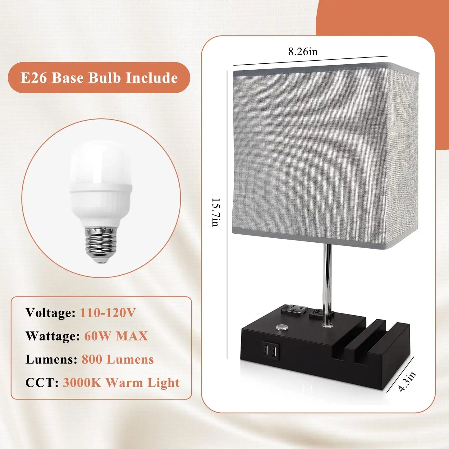 15.7" Bedside Table Lamp for Bedroom
