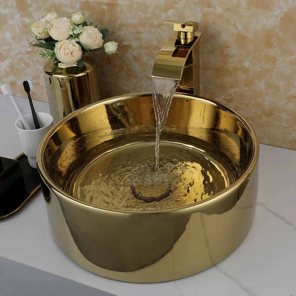 14.6'' Gold Round Ceramic Vessel Sink With Faucet