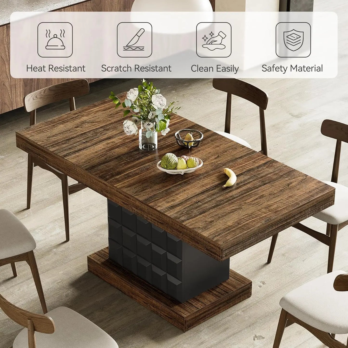 Farmhouse Kitchen Table With Sturdy Wood Pedestal Base