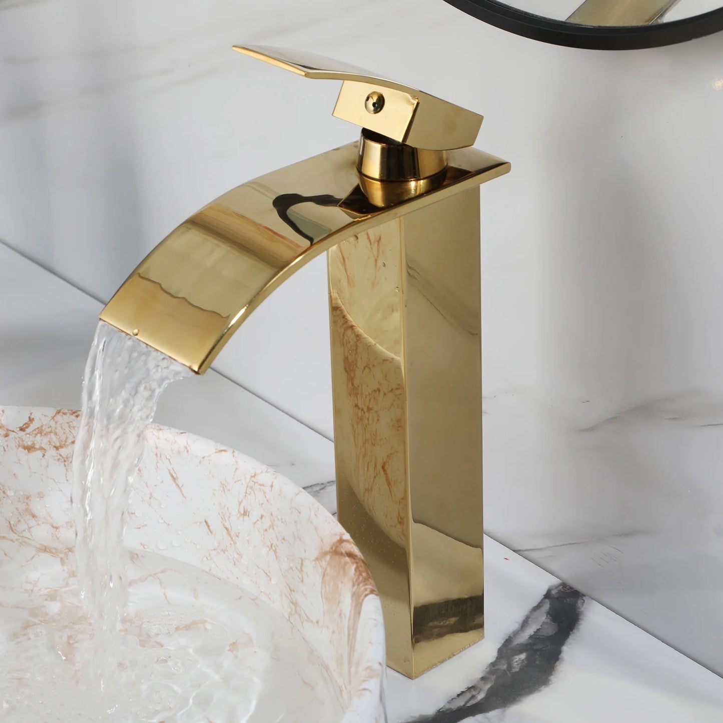 White Marbling Bathroom Vessel Sink With Gold Faucet