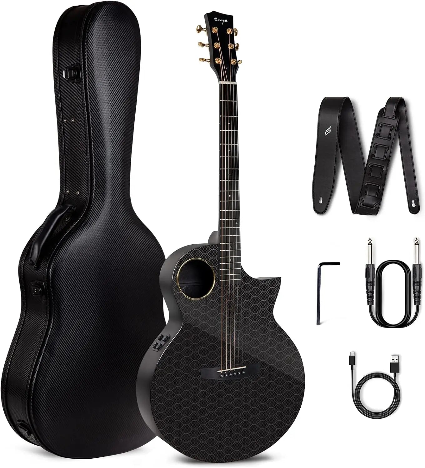 Enya Carbon Fiber Acoustic Electric Guitar with Hard Case, Leather Strap, USB Type-C Cable and Instrument, X4 Pro