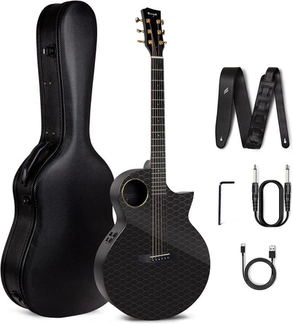 Enya Carbon Fiber Acoustic Electric Guitar with Hard Case, Leather Strap, USB Type-C Cable and Instrument, X4 Pro