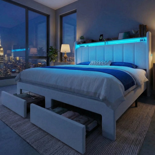 Bed Frame, 2 Storage Drawers Shelves