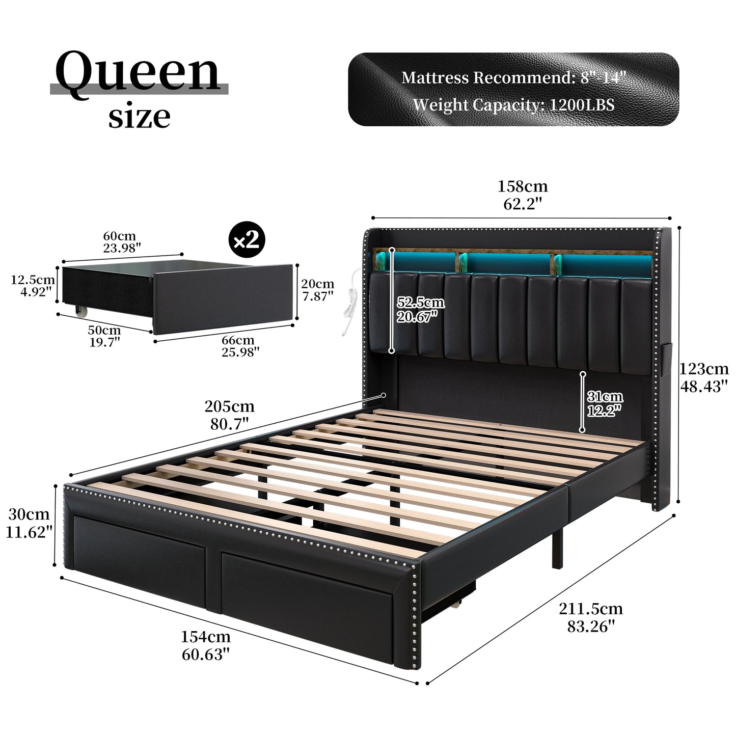 LED Bed Frame with Drawers