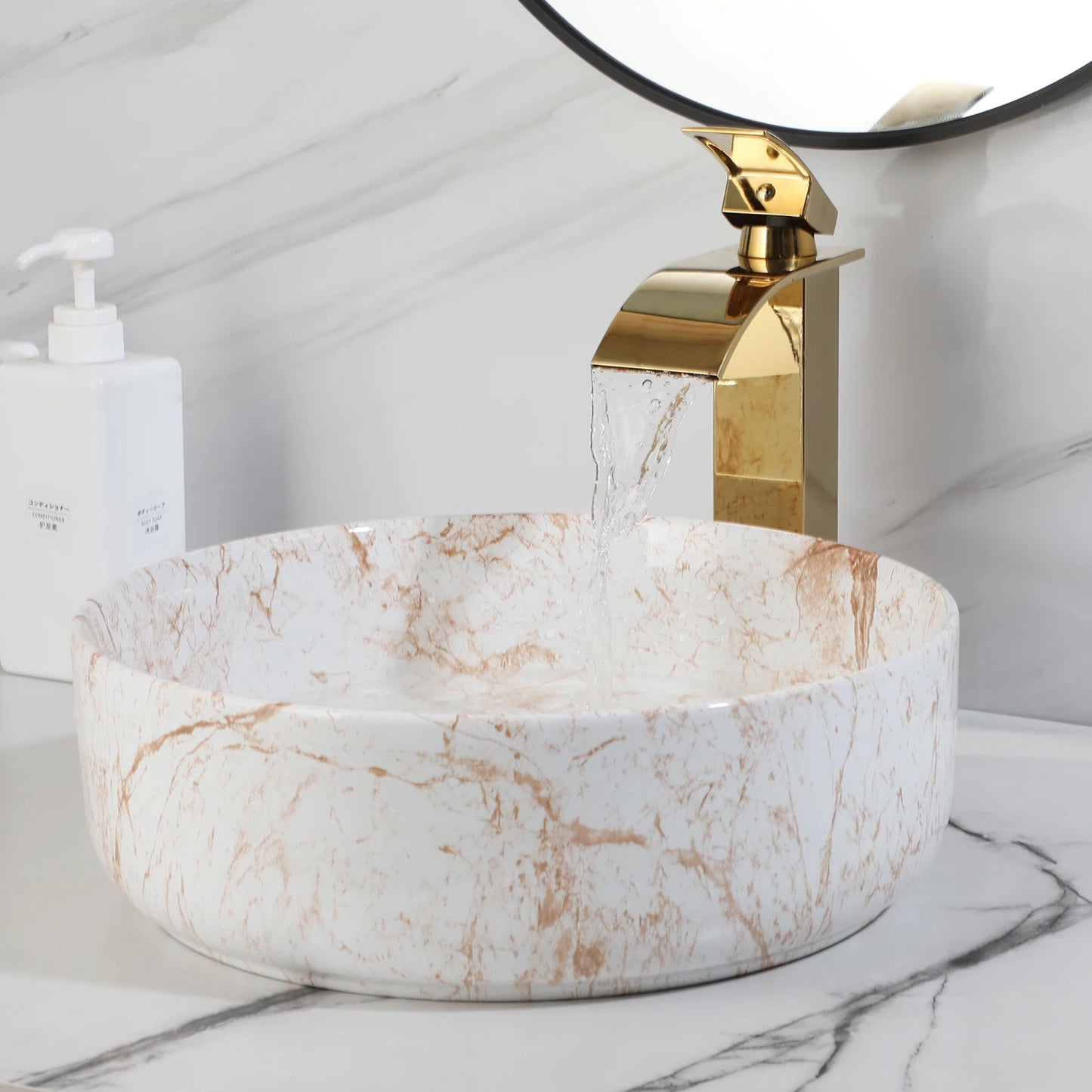 White Marbling Bathroom Vessel Sink With Gold Faucet