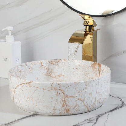 White Marbling Bathroom Vessel Sink With Gold Faucet
