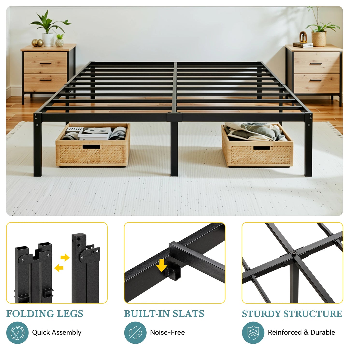 Heavy-Duty Metal Bed Frame With Storage