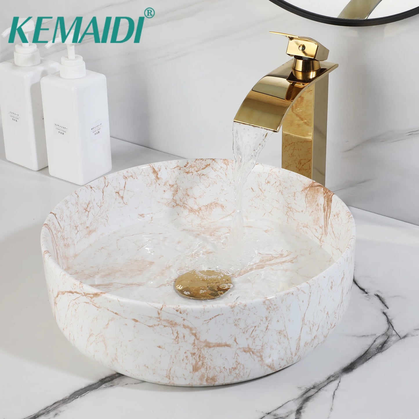 White Marbling Bathroom Vessel Sink With Gold Faucet