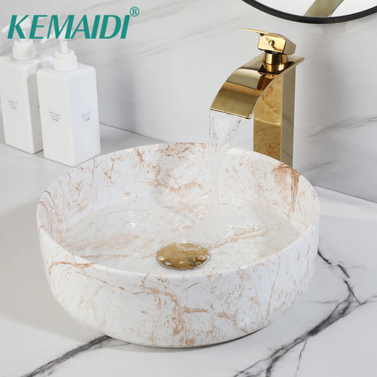 White Marbling Bathroom Vessel Sink With Gold Faucet
