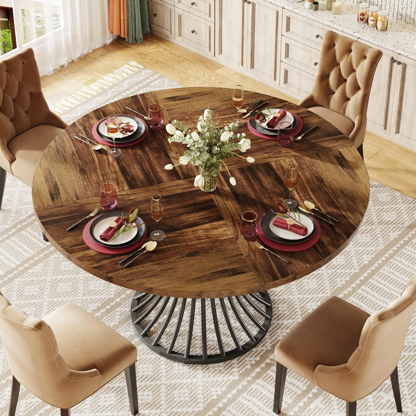 TFarmhouse Round Dining Table for 4-6 People, 47-Inch