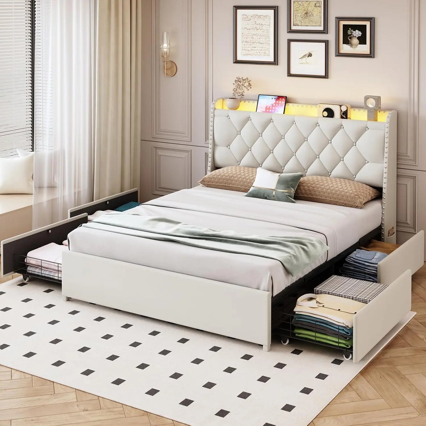 Queen Size Bed Frame 4 Drawers Headboard