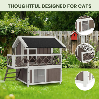 Weatherproof 2-Story Outdoor Cat House With Balcony