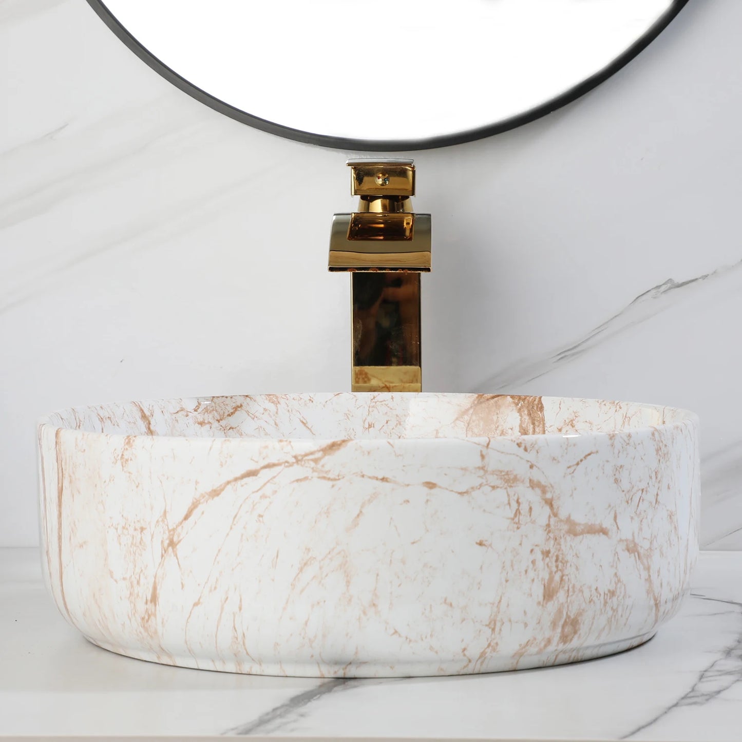 White Marbling Bathroom Vessel Sink With Gold Faucet