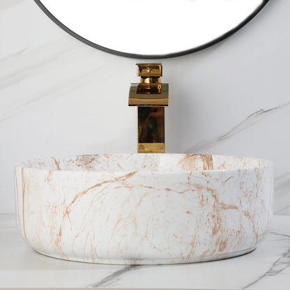 White Marbling Bathroom Vessel Sink With Gold Faucet