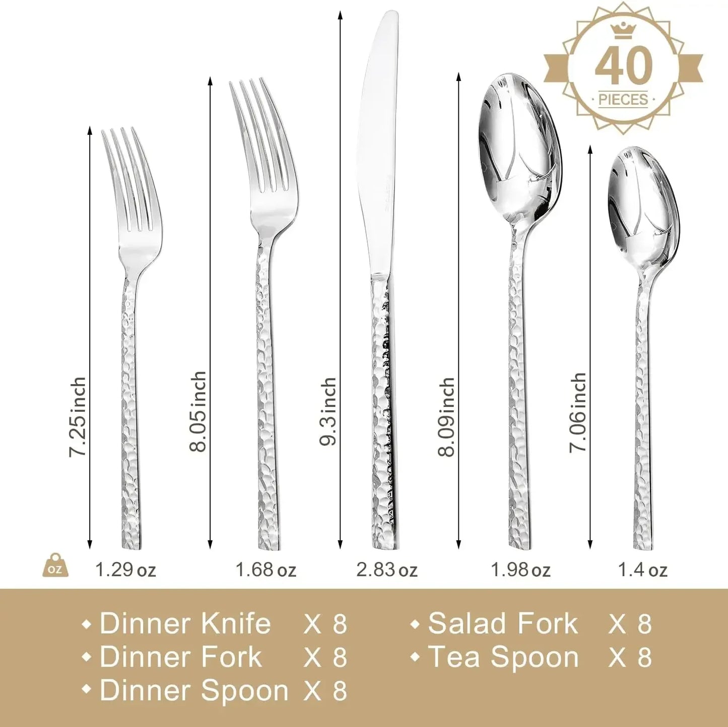 KINGSTONE 40 Piece Hammered Silverware Set
