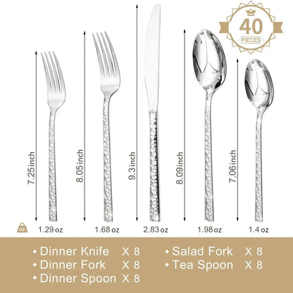 KINGSTONE 40 Piece Hammered Silverware Set
