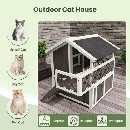 Weatherproof 2-Story Outdoor Cat House With Balcony