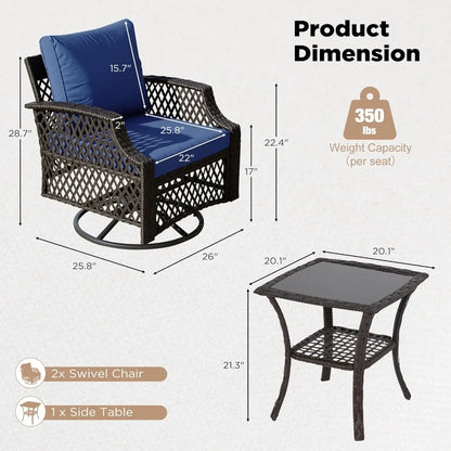 3 Piece Outdoor Swivel Chair Set, Wicker