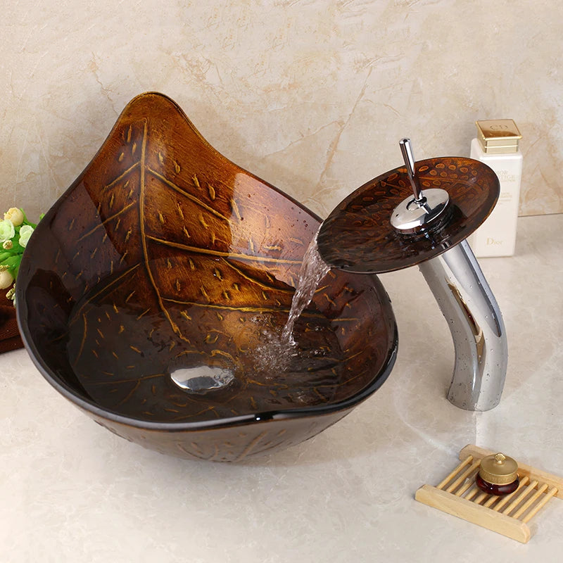 Art Bathroom Basin Faucet Sets Leaf Tempered Glass