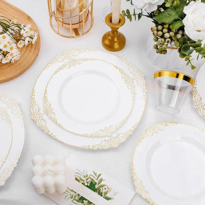 PCS White and Gold Plastic Plates for 100 Guests
