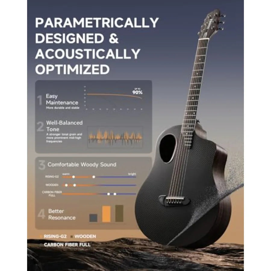 Acoustic Electric Guitar Beginner Kits for practice and performance, carbon fiber top, wooden bowl, built-in pickups, 38 inch,