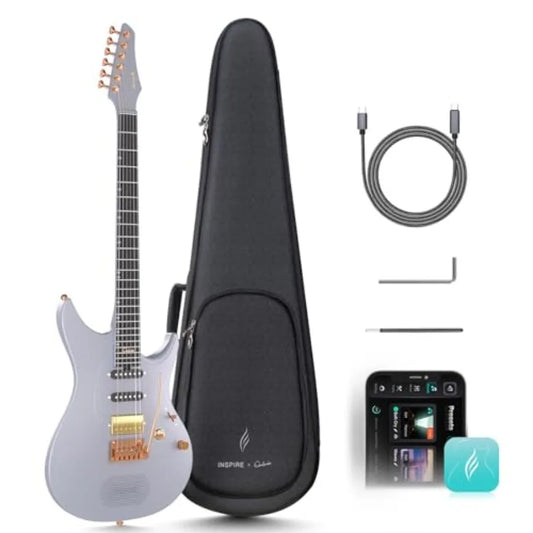 Smart electric guitar for live performance and practice, carbon fiber body in black with built-in 15W speaker, 20 tones, app co