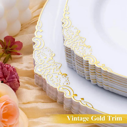 PCS White and Gold Plastic Plates for 100 Guests