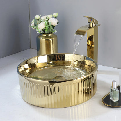 14.6'' Gold Round Ceramic Vessel Sink With Faucet