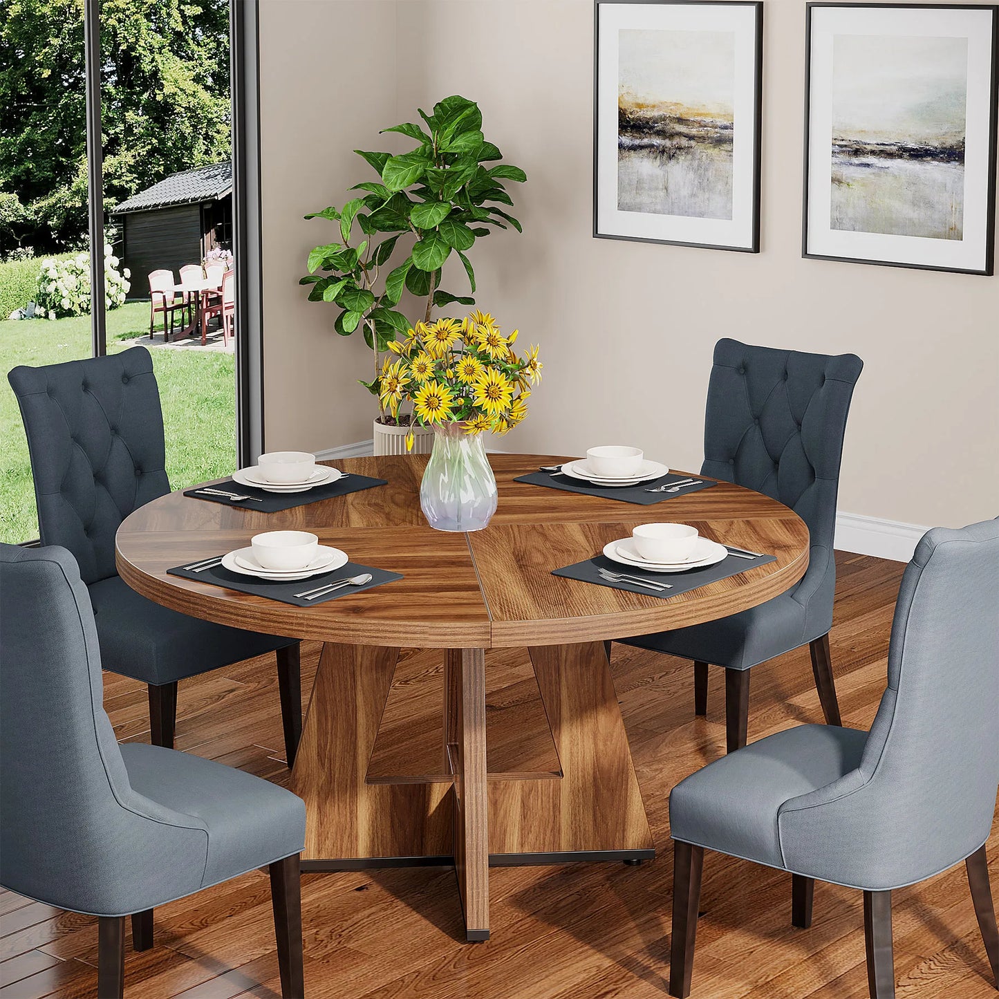 Farmhouse Round Dining Table for 4, 47 Inch