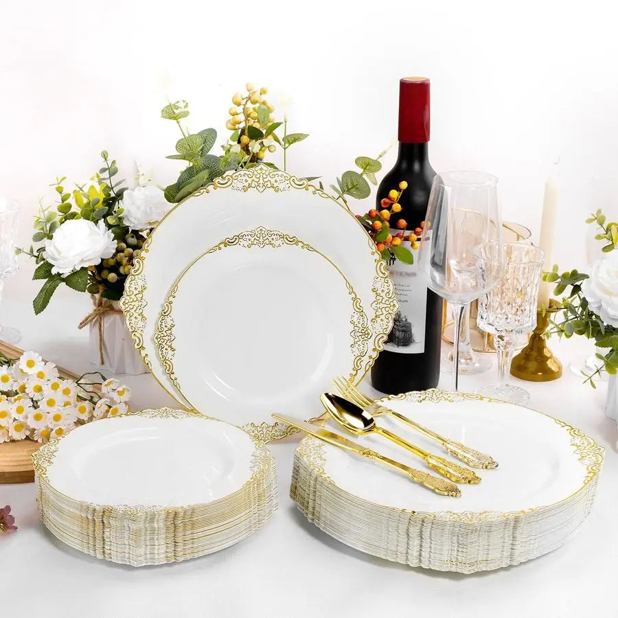 PCS White and Gold Plastic Plates for 100 Guests