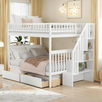 Full Wood Bunk Bed With Drawers Stairs Shelves