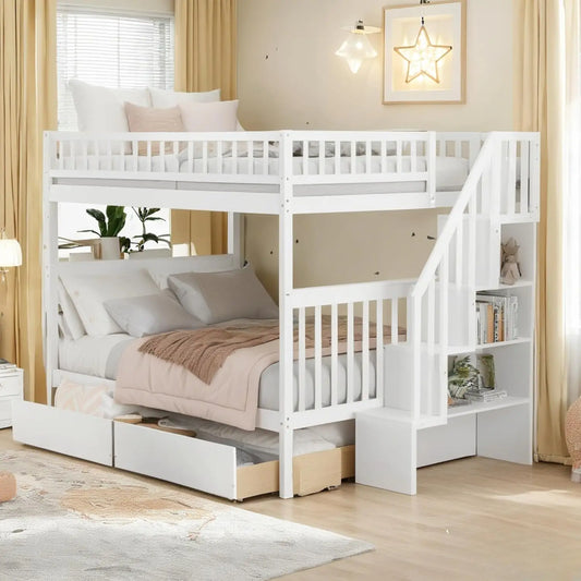 Full Wood Bunk Bed With Drawers Stairs Shelves