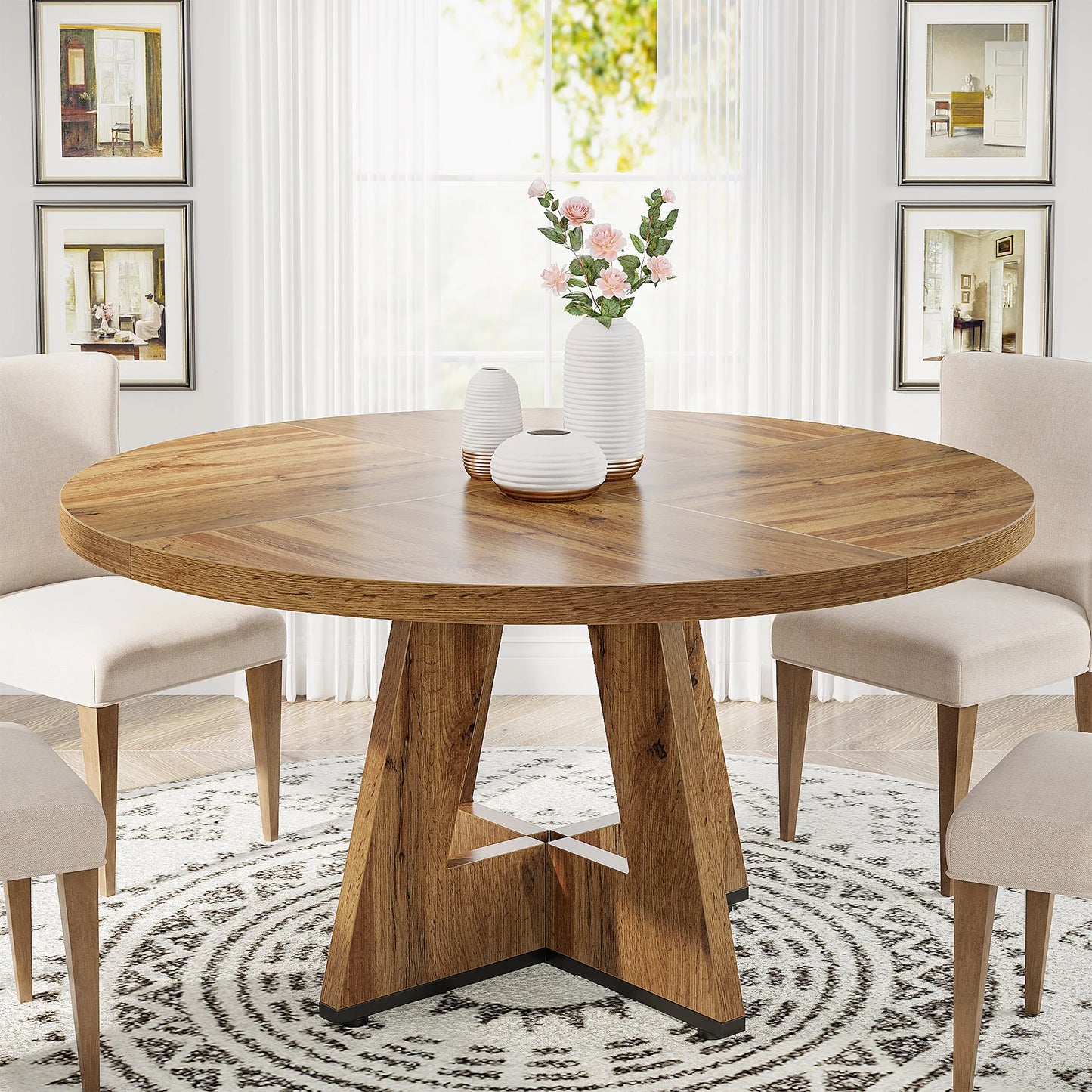 Farmhouse Round Dining Table for 4, 47 Inch