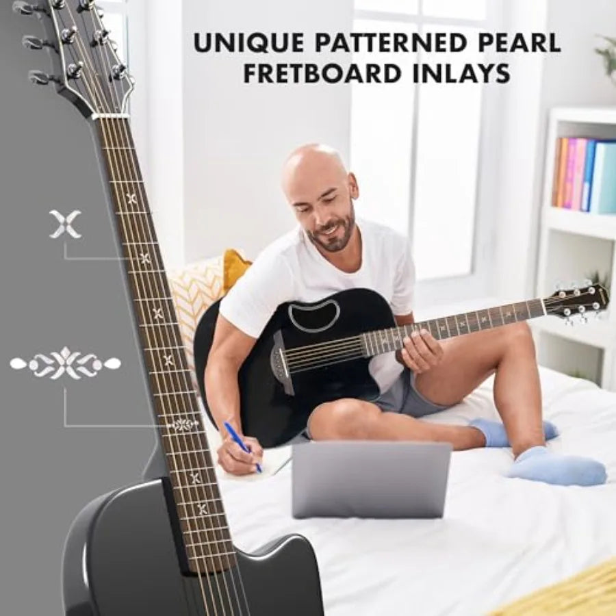 Acoustic Electric Guitar Kit - 41 Carbon Fiber Adult Beginner Set with Bag and Strap, Built-In Pickup, Rich Resonance Warm Tone