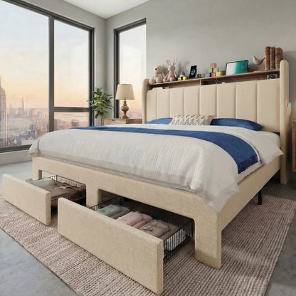 Bed Frame, 2 Storage Drawers Shelves