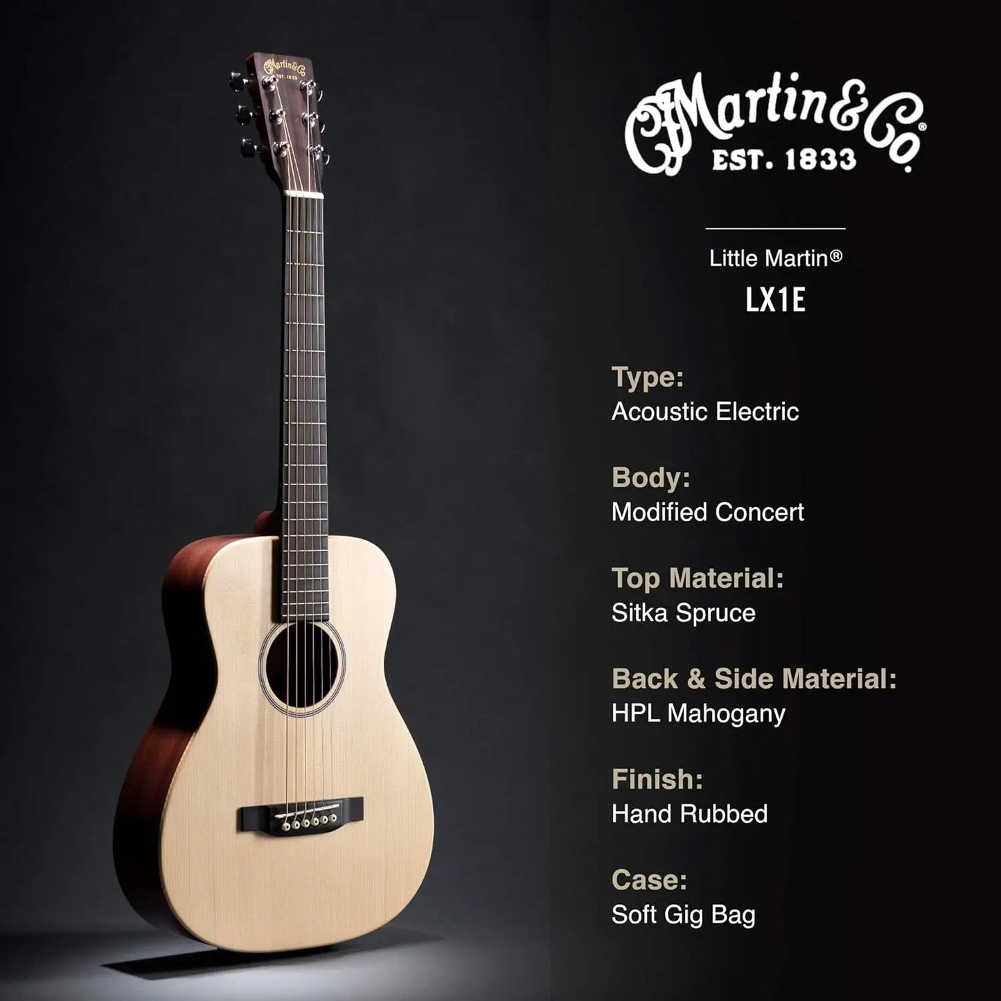 LX1E Little Martin Solid Sitka Spruce/Mahogany HPL Acoustic/Electric w/Gig Bag Stringed Instruments Guitar