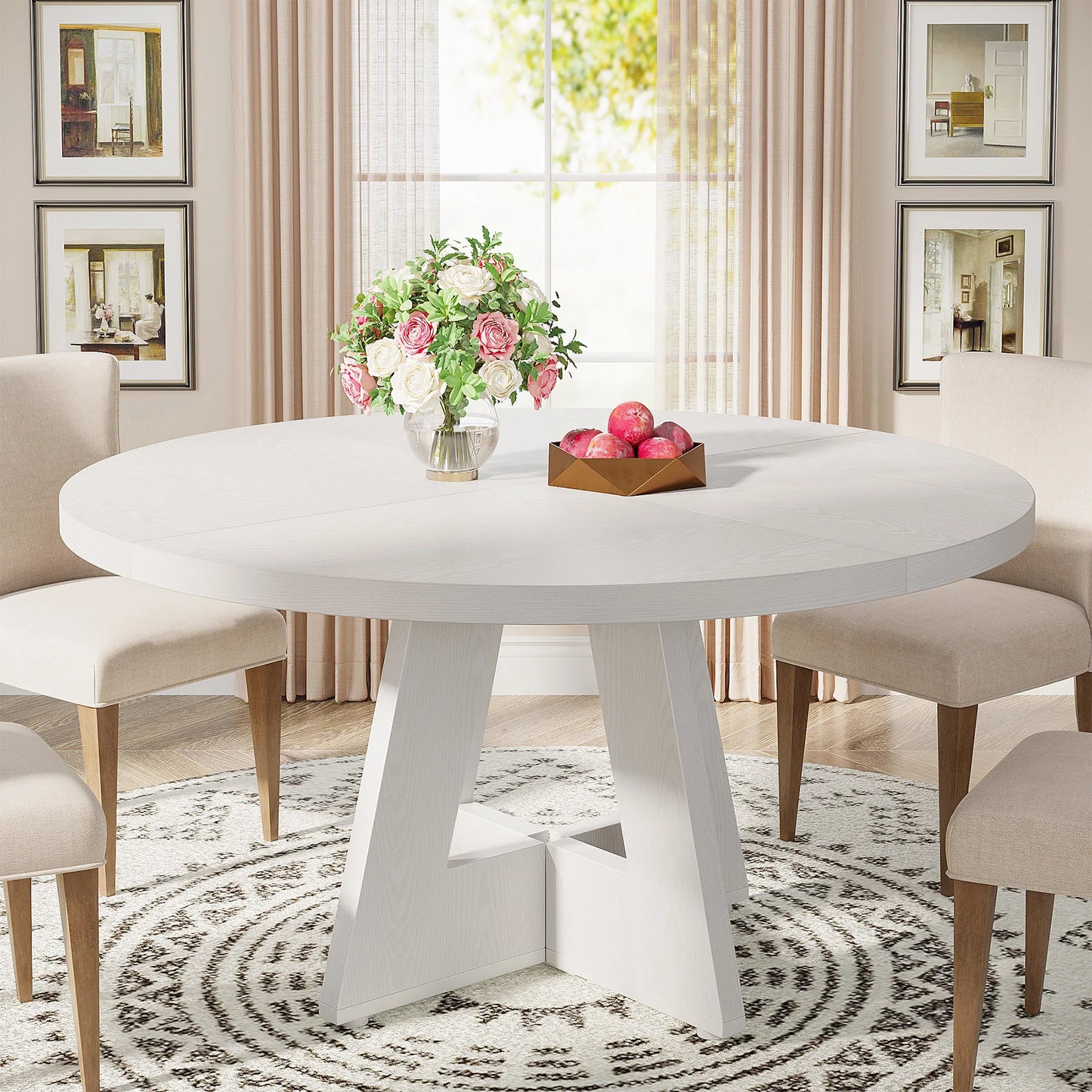 Farmhouse Round Dining Table for 4, 47 Inch