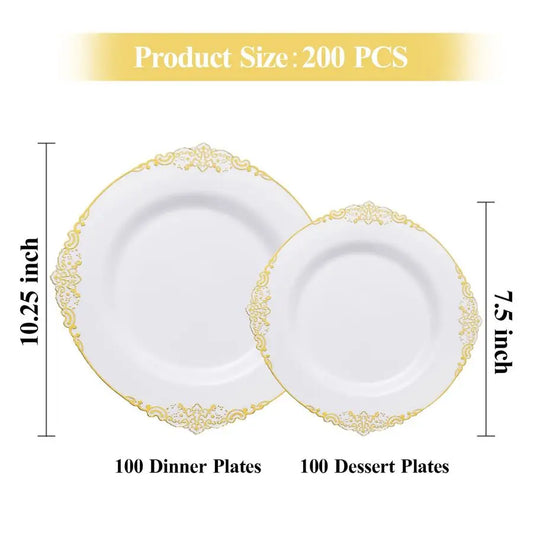 PCS White and Gold Plastic Plates for 100 Guests