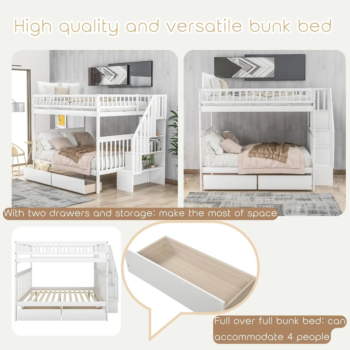 Full Wood Bunk Bed With Drawers Stairs Shelves