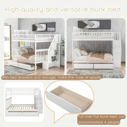 Full Wood Bunk Bed With Drawers Stairs Shelves