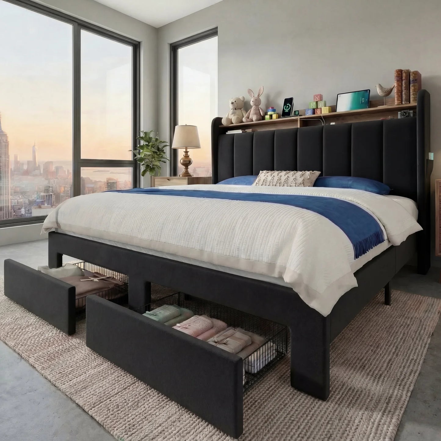 Bed Frame, 2 Storage Drawers Shelves