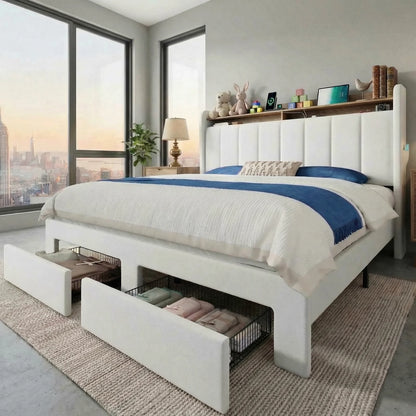 Bed Frame, 2 Storage Drawers Shelves