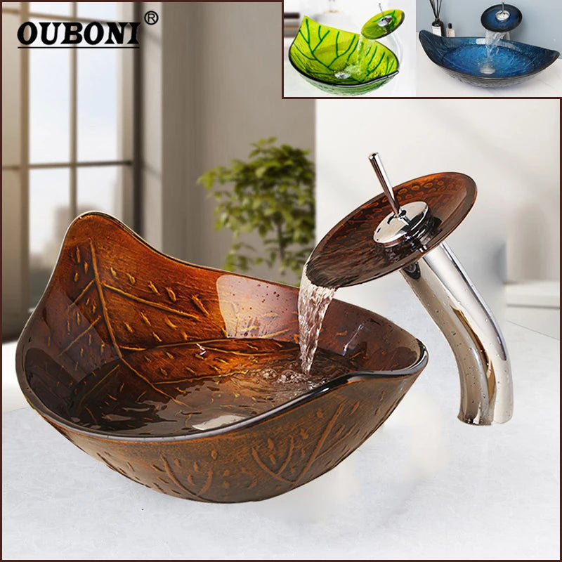 Art Bathroom Basin Faucet Sets Leaf Tempered Glass