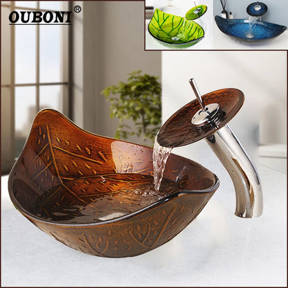 Art Bathroom Basin Faucet Sets Leaf Tempered Glass