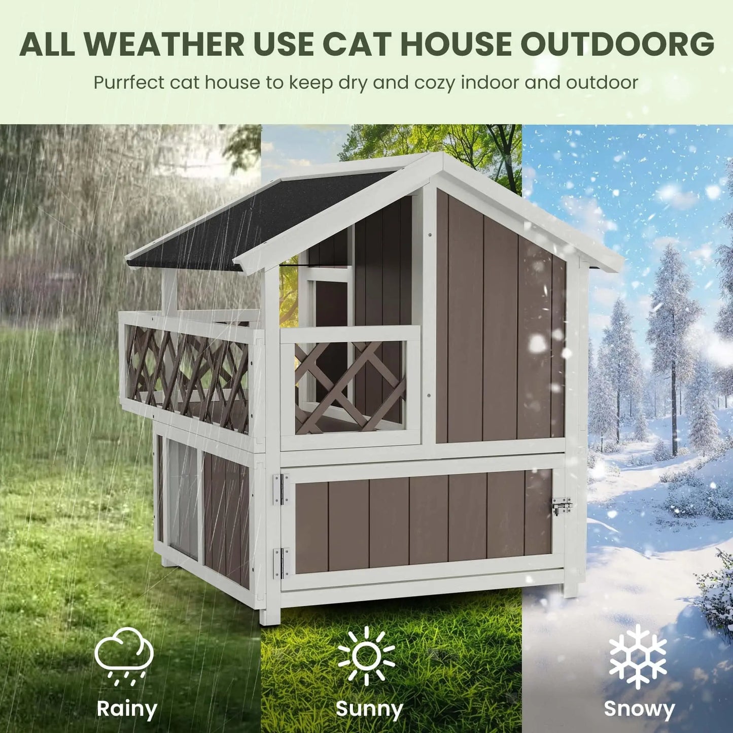 Weatherproof 2-Story Outdoor Cat House With Balcony